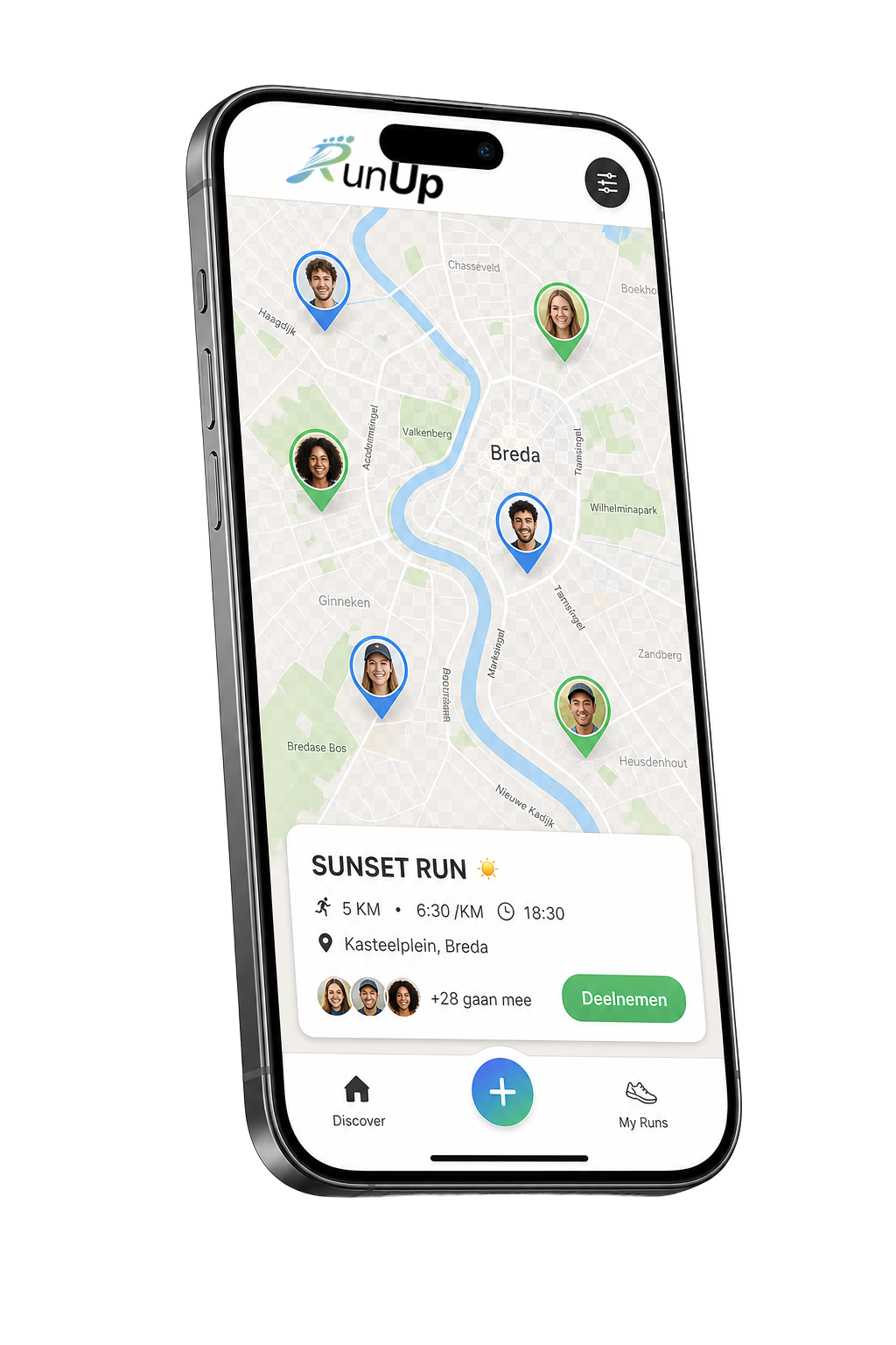 RunUp app op een iPhone met runs in Breda